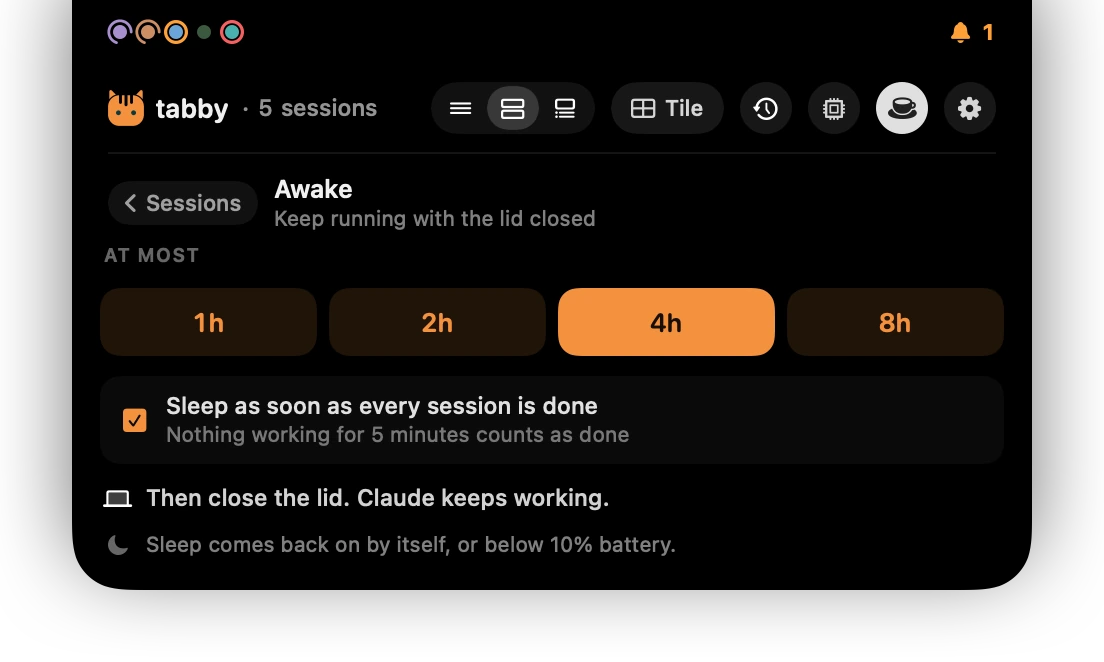 The Awake page: at most 1h, 2h, 4h or 8h, with Sleep as soon as every session is done ticked, then close the lid, Claude keeps working
