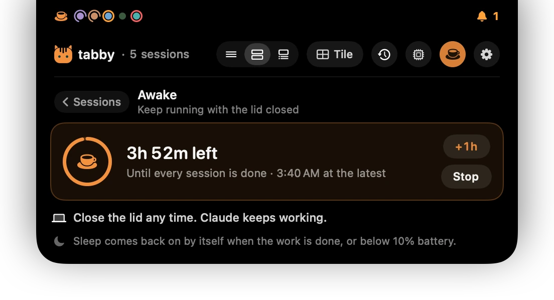 Awake on: a ring with 3 hours 52 minutes left, until every session is done, 3:40 AM at the latest, with +1h and Stop buttons