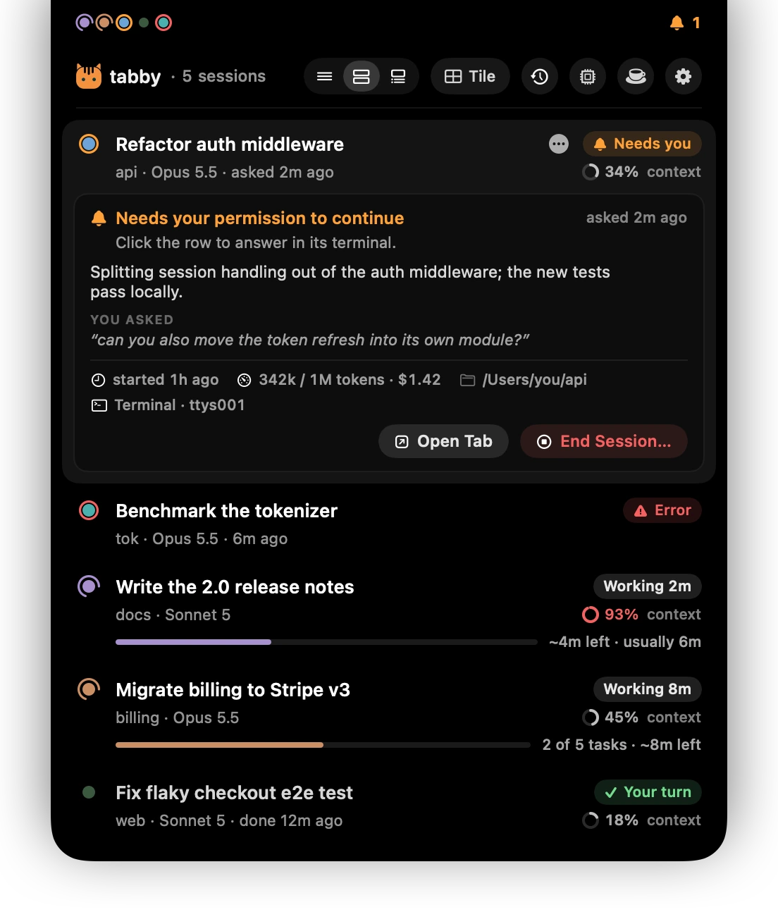 A session's dropdown: Needs your permission to continue, click the row to answer in its terminal, the summary, what you asked, tokens and cost, and Open Tab and End Session buttons