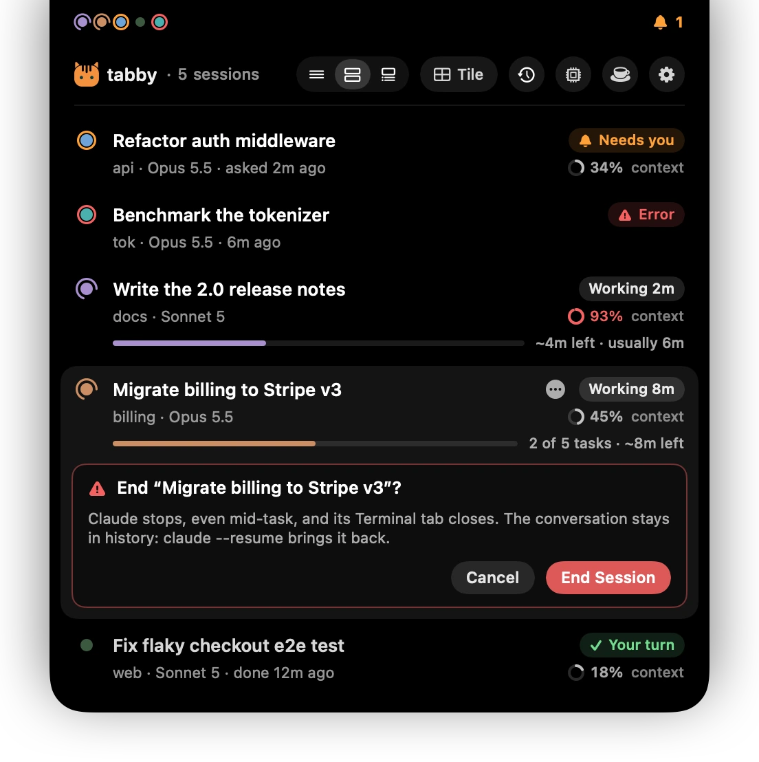End Migrate billing to Stripe v3? Claude stops, even mid-task, and its Terminal tab closes. Cancel or End Session.