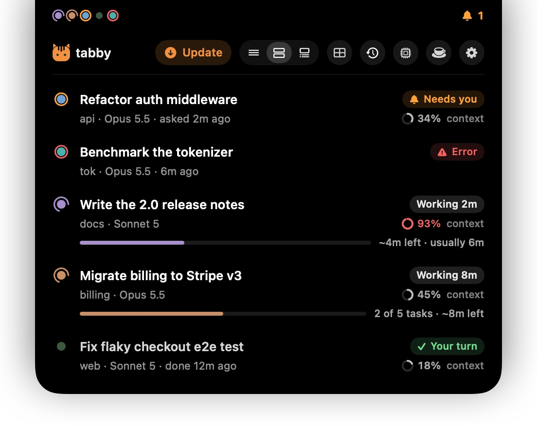 The island's top bar with an orange Update button next to the mode picker