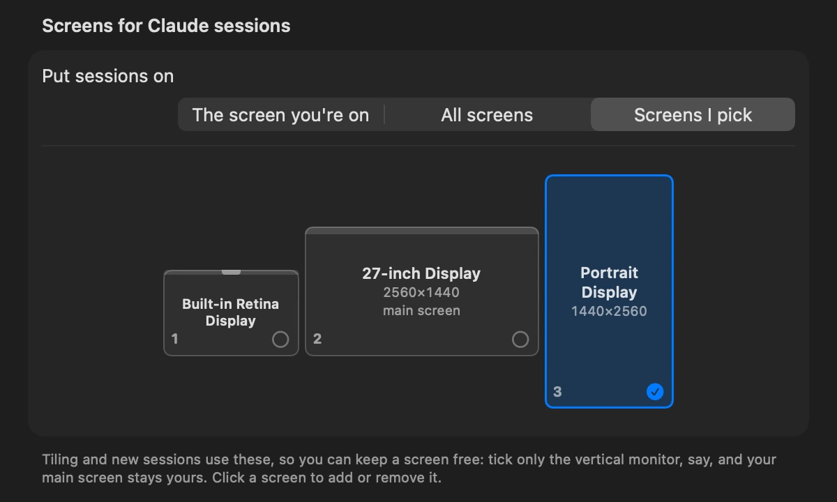 Settings › Windows: a map of three displays, with only the portrait display picked for Claude sessions