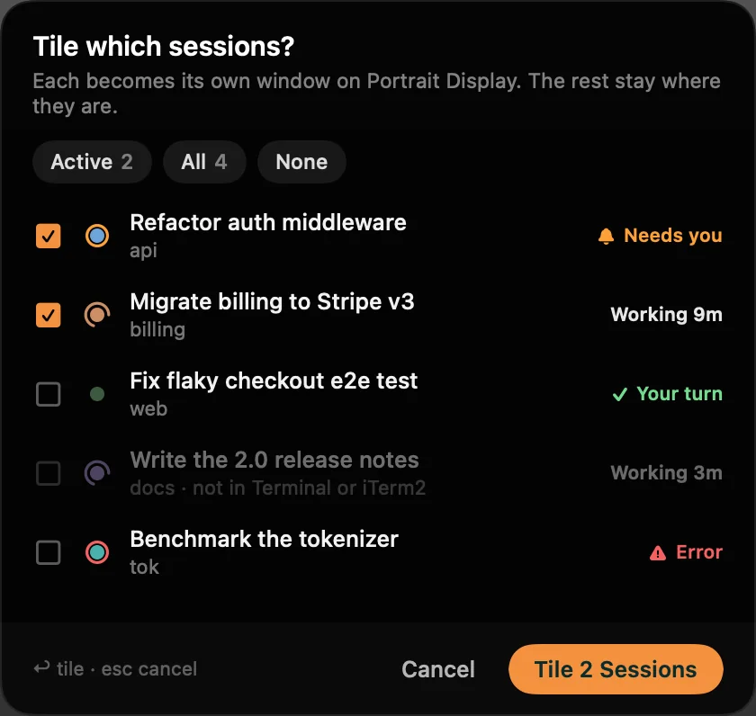 Tile which sessions? A list with checkboxes, Active 2, All 4 and None buttons, and a Tile 2 Sessions button